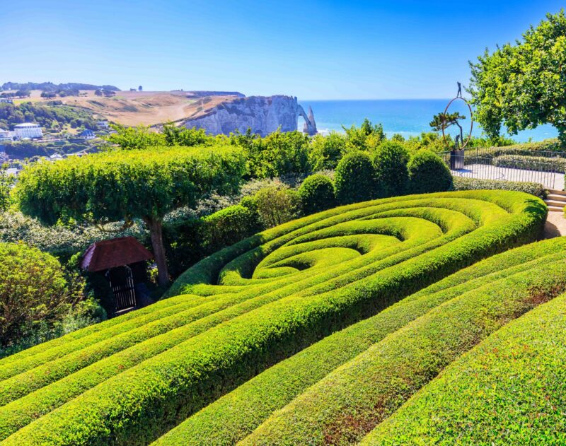 Normandy, France. The Etretat Gardens (Les Jardins D’Etretat) neo-futuristic garden with a view over the cliffs of the Alabaster Coast.