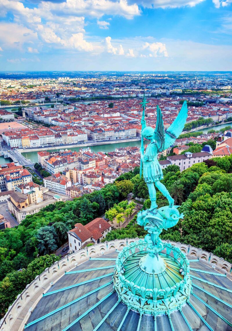 Vertical view of Lyon from the top of Notre Dame de Fourviere, France