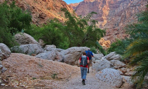 Two people hiking along a path in a rugged canyon with tall rock walls and green vegetation.