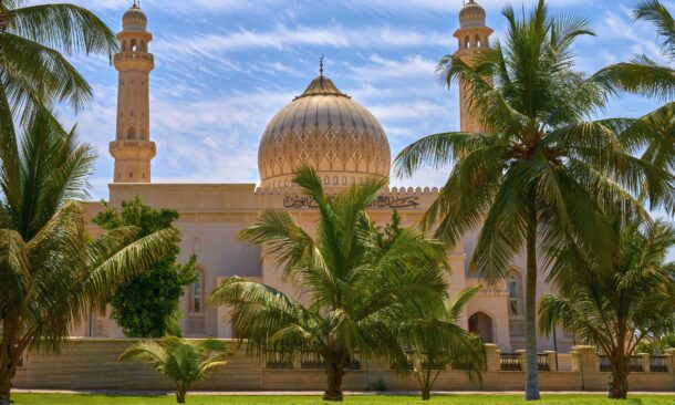 A grand mosque with a tan dome and minarets stands behind several tall green palm trees.