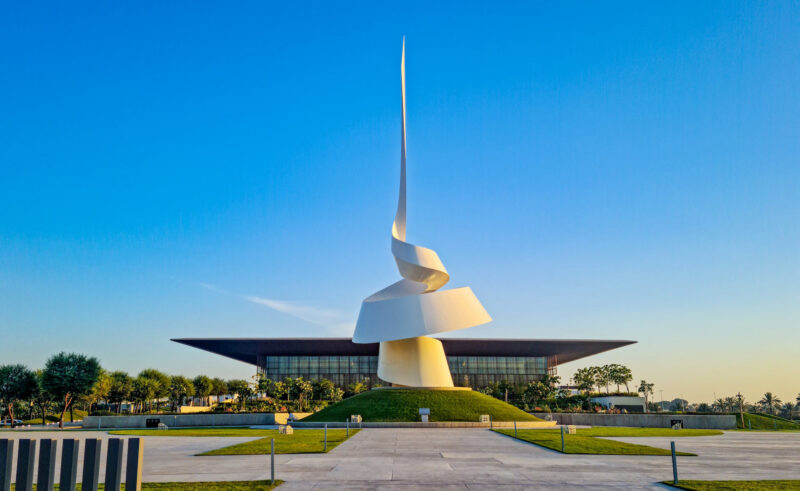 Large white spiral sculpture at The Founder's Memorial in Abu Dhabi for luxury United Arab Emirates trips.