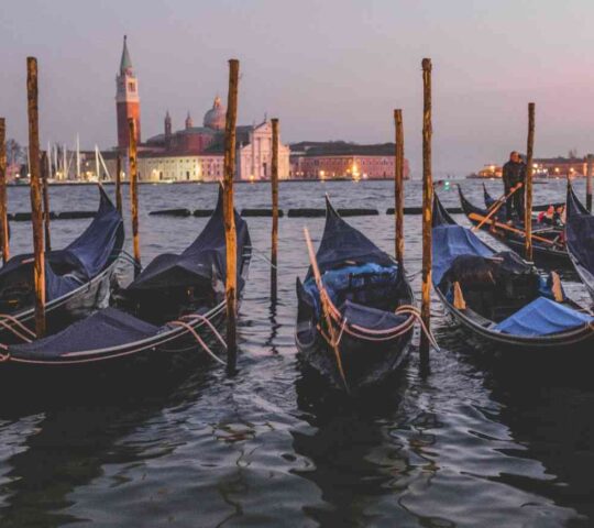 Gondolas at sunset in Venice