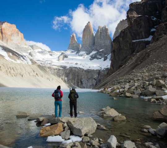 Hikers below The Towers in Torres del Paine