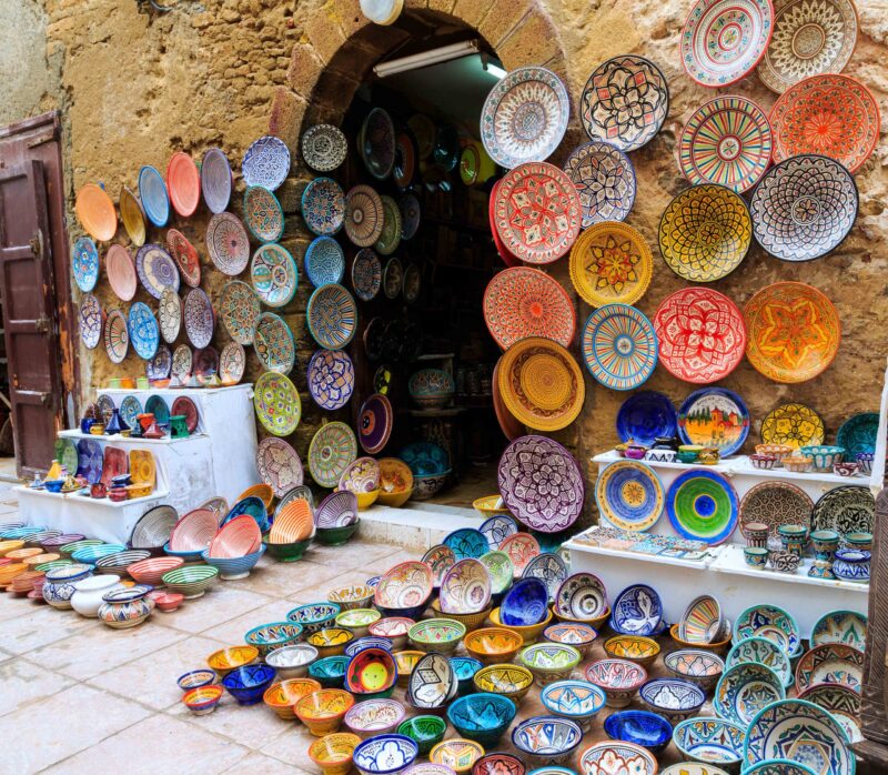 Colorful ceramic souvenirs for sale on the street in a shop in Morocco