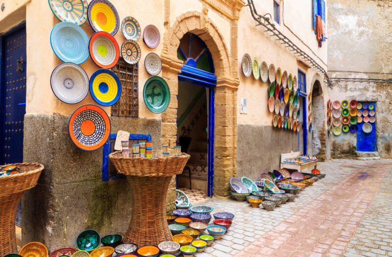 Colorful ceramic souvenirs for sale on the street in a shop in Morocco