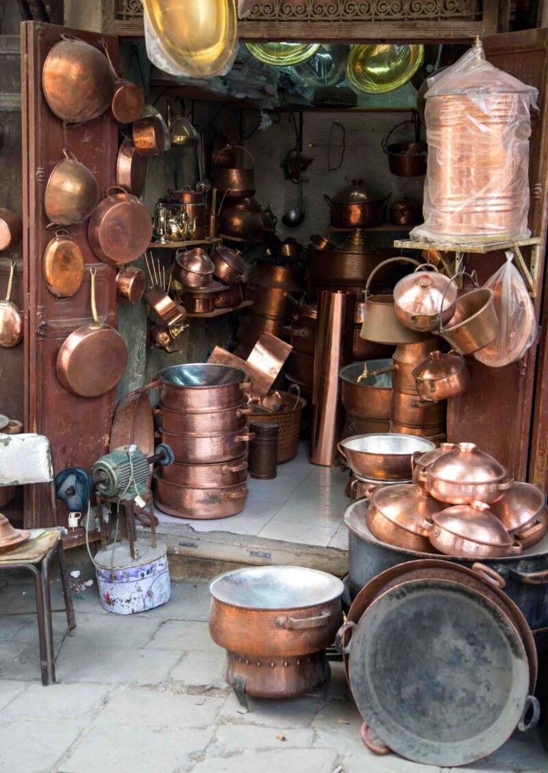 Shop with traditional crafts in the narrow street of Fes, Morocco