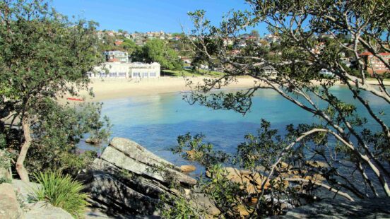 Looking through tree branches at a calm turquoise bay and a white sandy beach with coastal buildings.