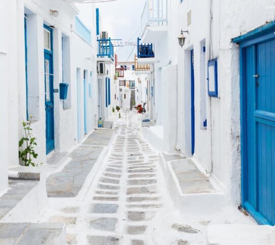 Whitewashed streets in Mykonos town