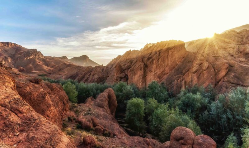 Mountain ridge called Monkey Fingers or Monkey paws in Dades gorge, Atlas Mountains, Morocco., Scenic tourist walking trail. Vacation in Morocco.
