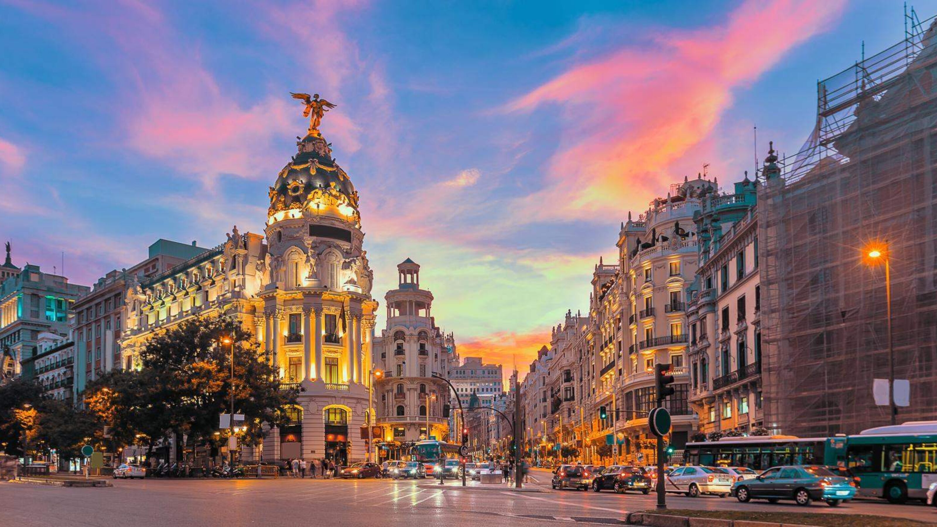 Madrid city skyline Gran via Street at twilight, Spain