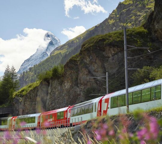 The Glacier Express wends its way from Zermatt