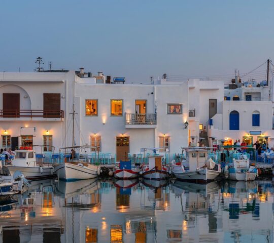 An evening of twinkling lights on the island of Paros