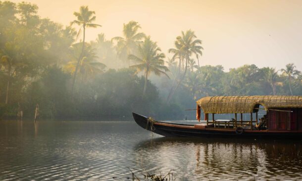 A traditional house boat in Keralax27;s Backwaters, India.