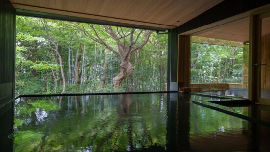 Reflection of a lush green forest on the surface of a dark indoor hot spring pool with floor-to-ceiling windows.