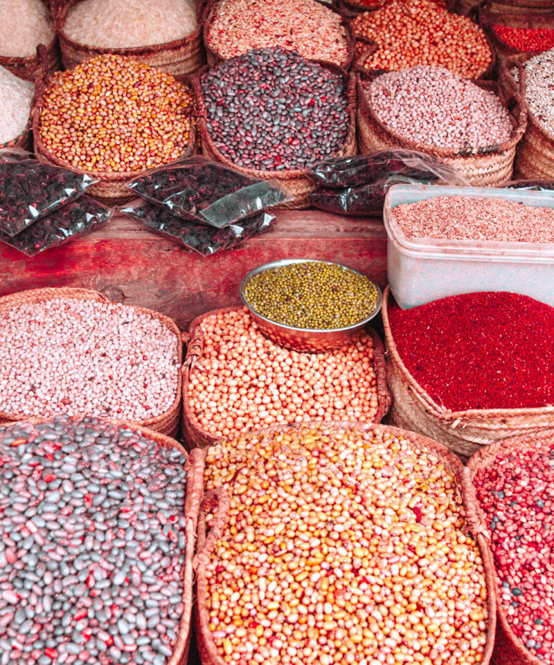 Dried food products on the african street market Zanzibar