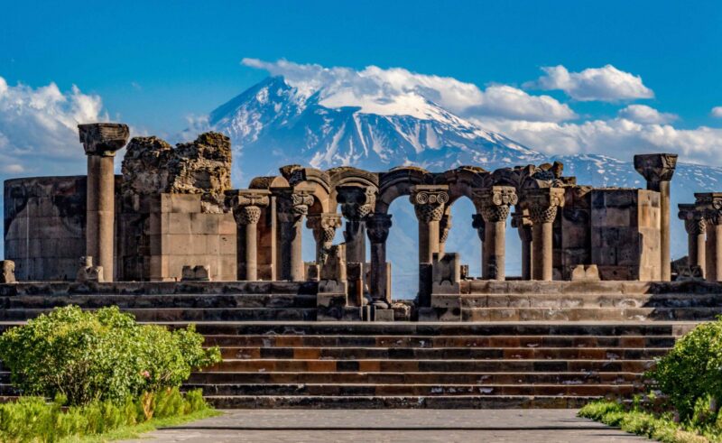 Ruins of the Zvartnos temple in Yerevan, Armenia, with Mt Ararat in the background