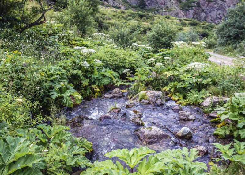 View from trail to Gveleti Waterfall in Dariali Gorge in Kazbegi National Park, Georgia