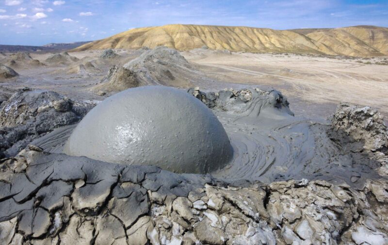 Mud volcano at Gobustan national park erupt. Azerbaijan