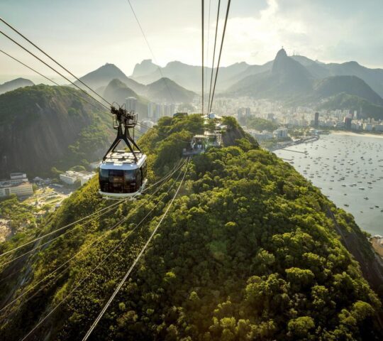Aerial view of Rio de Janeiro with Urca and Sugar Loaf Cable Car and Corcovado mountain