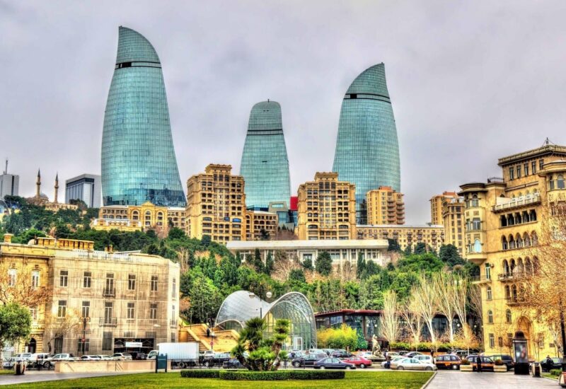 Modern skyscrapers and city architecture in Baku seen on luxury Central Asia vacations.