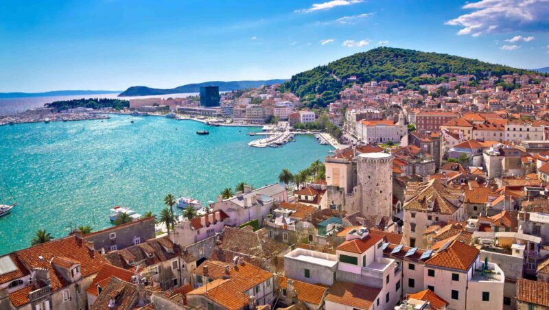 Split waterfront and Marjan hill aerial view, Dalmatia, Croatia