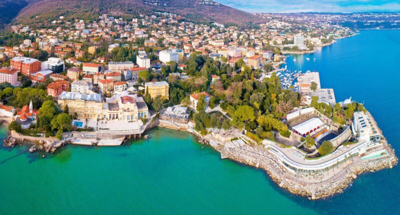 Town of Opatija and Lungomare sea walkway aerial panoramic view, Kvarner bay of Croatia Kolor stitching | 5 pictures | Size: 11708 x 4481 | Lens: Standard | RMS: 2.08 | FOV: 170.35 x 51.73 ~ -20.24 | Projection: Cylindrical | Color: LDR |
