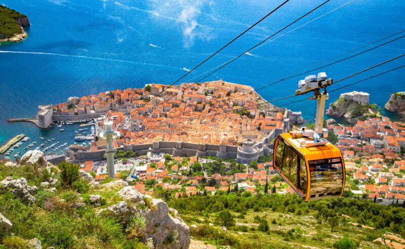 Aerial panoramic view of the old town of Dubrovnik with famous Cable Car on Srd mountain on a sunny day with blue sky and clouds in summer, Dalmatia, Croatia