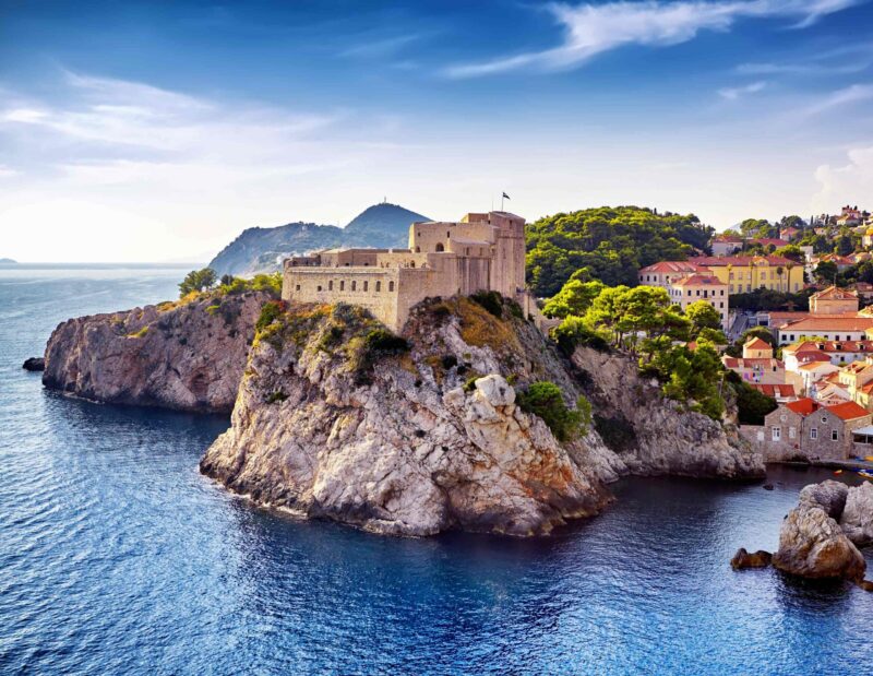 The General view of Dubrovnik – Fortresses Lovrijenac and Bokar seen from south old walls a. Croatia. South Dalmatia.