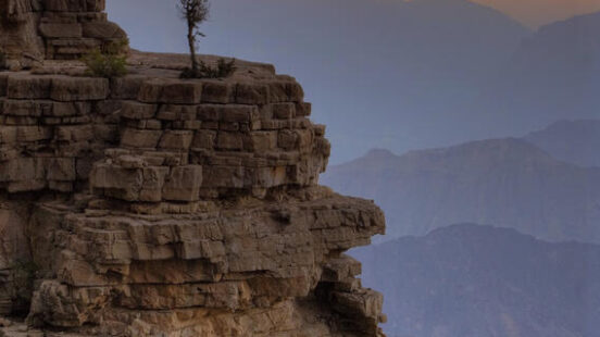 A lone tree stands on a rocky cliff edge at sunset with silhouetted mountains in the distance.