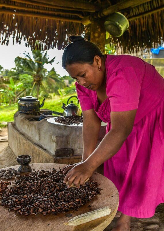 A woman in a bright pink dress stands under a thatched roof, processing roasted cacao beans on a round wooden table. Part of luxury Belize tours.