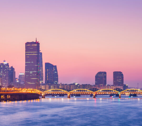 Seoul's city skyline at sunset