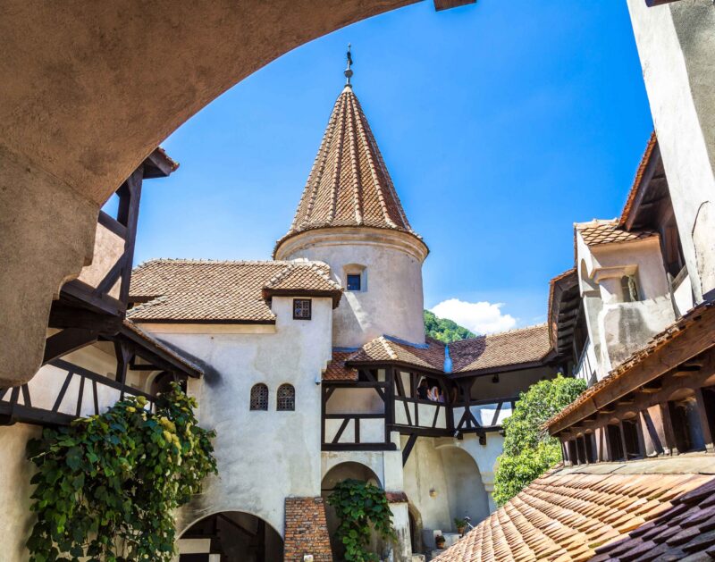 Bran castle in inner yard in a summer day in Transylvania, Romania