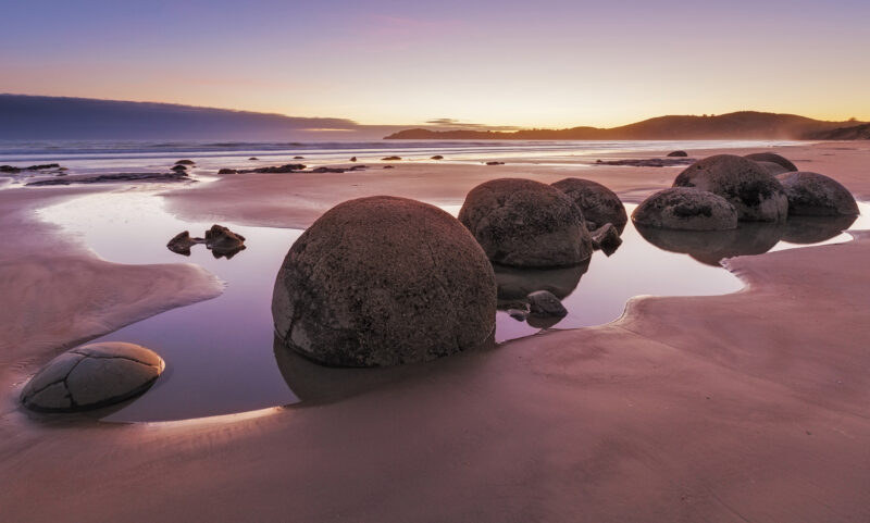 Famous Moeraki Boulders at sunrise, Koekohe beach,Otago, South Island, New Zealand