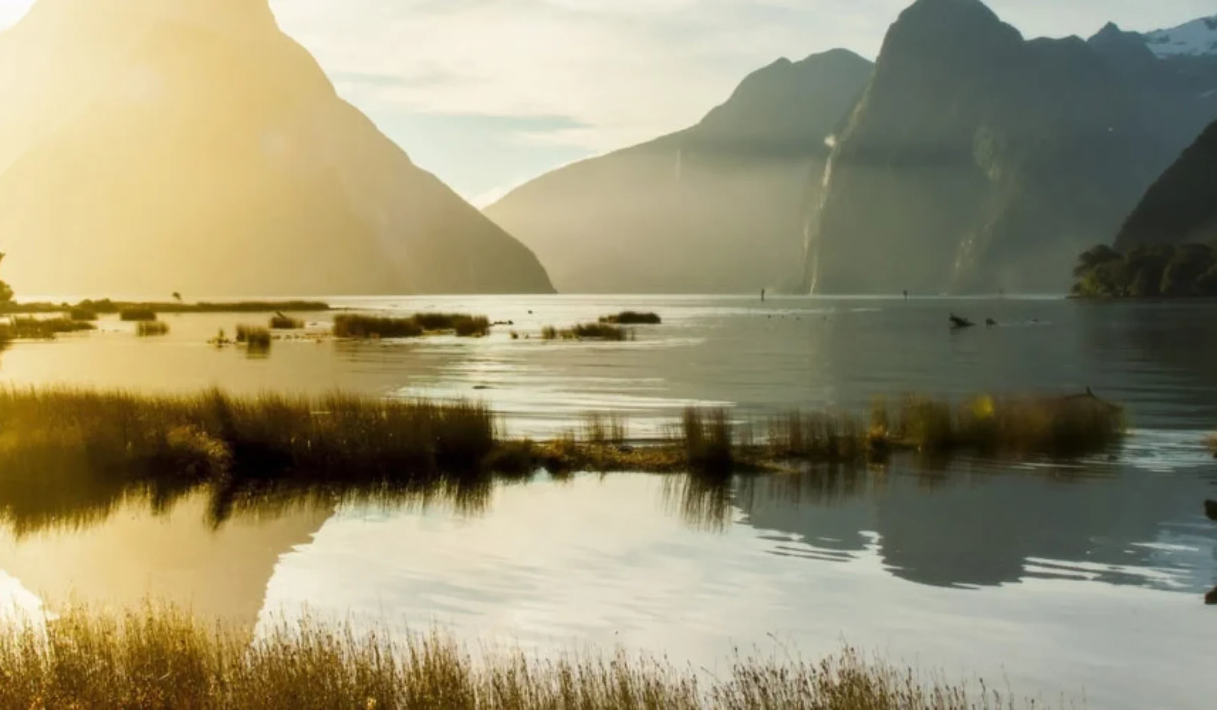 The sun setting over the Milford Sound