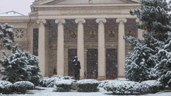 A classical style building with columns and a statue in front, surrounded by snow-covered bushes and trees during a snowstorm.