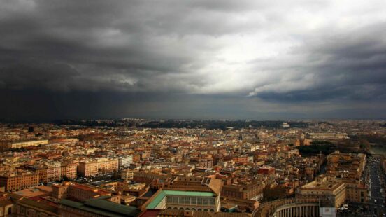 View of Rome from the dome of St Peterx27;s Basilica during a thunderstorm, Italy