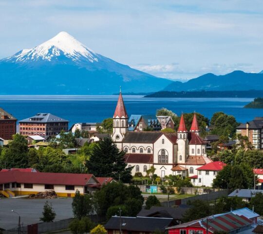 The pretty town of Puerto Varas, looking to the Osorno Volcano