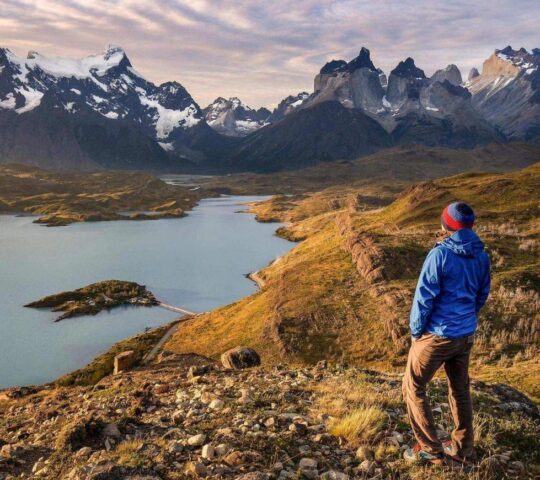 Hiking in Torres del Paine National Park in the late afternoon light