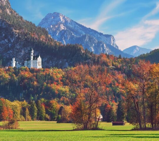 The fairytale Neuschwanstein Castle, framed by beautiful autumn foilage