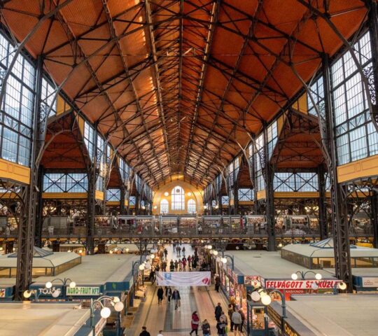 The energetic interior of Budapest's enormous Great Market Hall