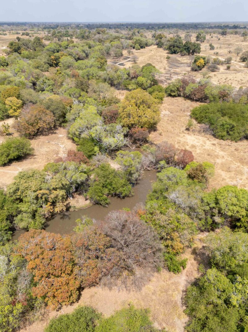 Luftaufnahme des Kafue Nationalpark mit Fluss, Savannen- und Waldbereichen
