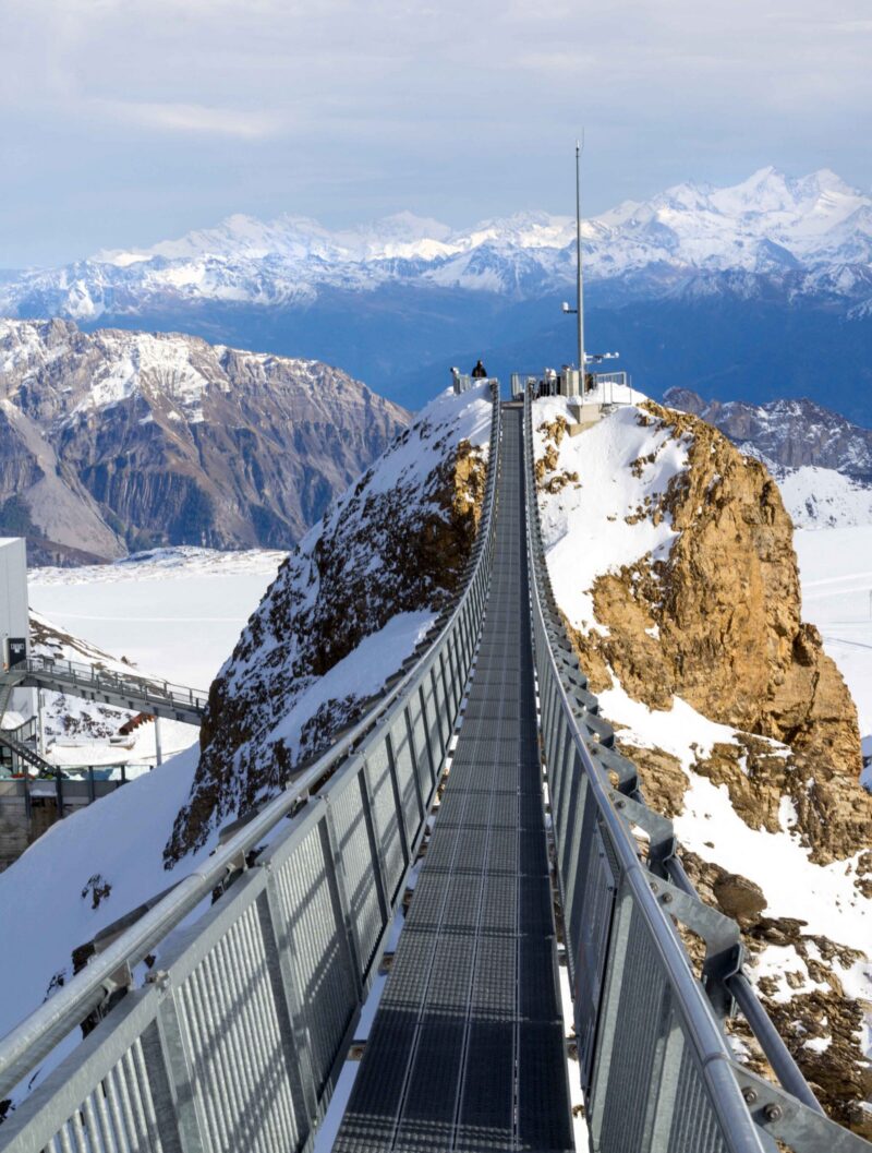Col du Pillon, Switzerland – 09. October 2020: Peak Walk at Glacier 3000 in Switzerland. It is the world’s first suspension bridge connecting two mountain peaks.