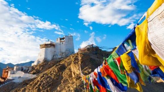 Prayer flags on a mountain in Ladakh, India
