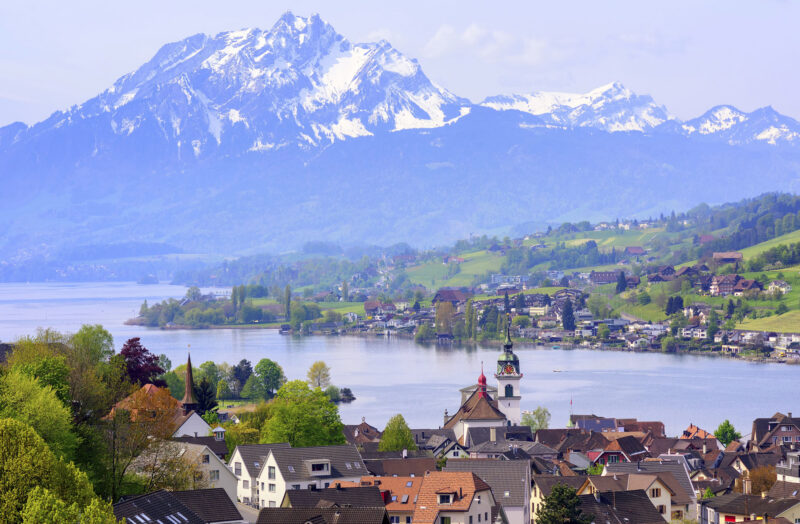 Kussnacht am Rigi old town with Pilatus mountain and Lake Lucerne in background, Switzerland