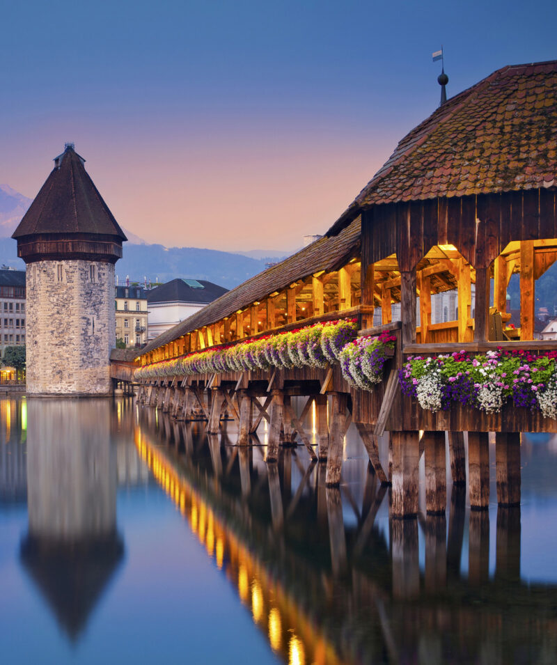 Image of Lucerne, Switzerland during twilight blue hour.