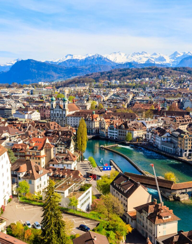 View of the Reuss river and old town of Lucerne (Luzern) city, Switzerland. View from above