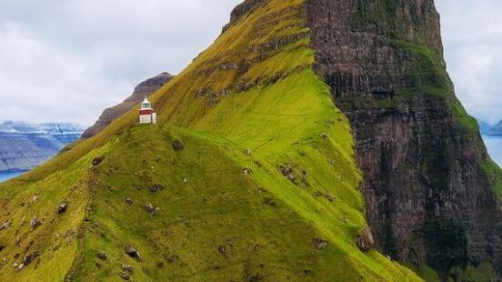 A small lighthouse on a cliff in the Faroe Islands