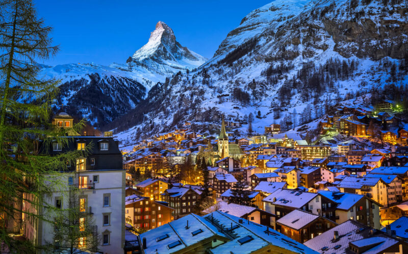 Aerial View on Zermatt Valley and Matterhorn Peak at Dawn, Switzerland