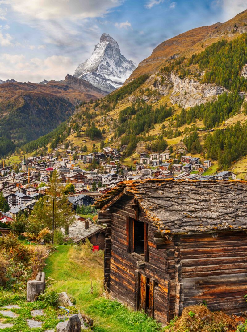 Zermatt, Switzerland with old farmhouses under the Matterhorn.