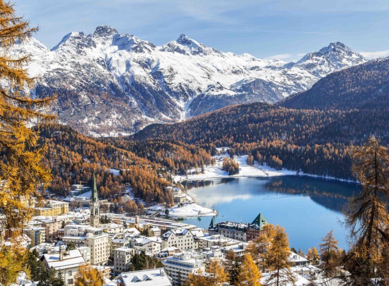 View of St. Moritz, the famouse resort region for winter sprot, from the high hill